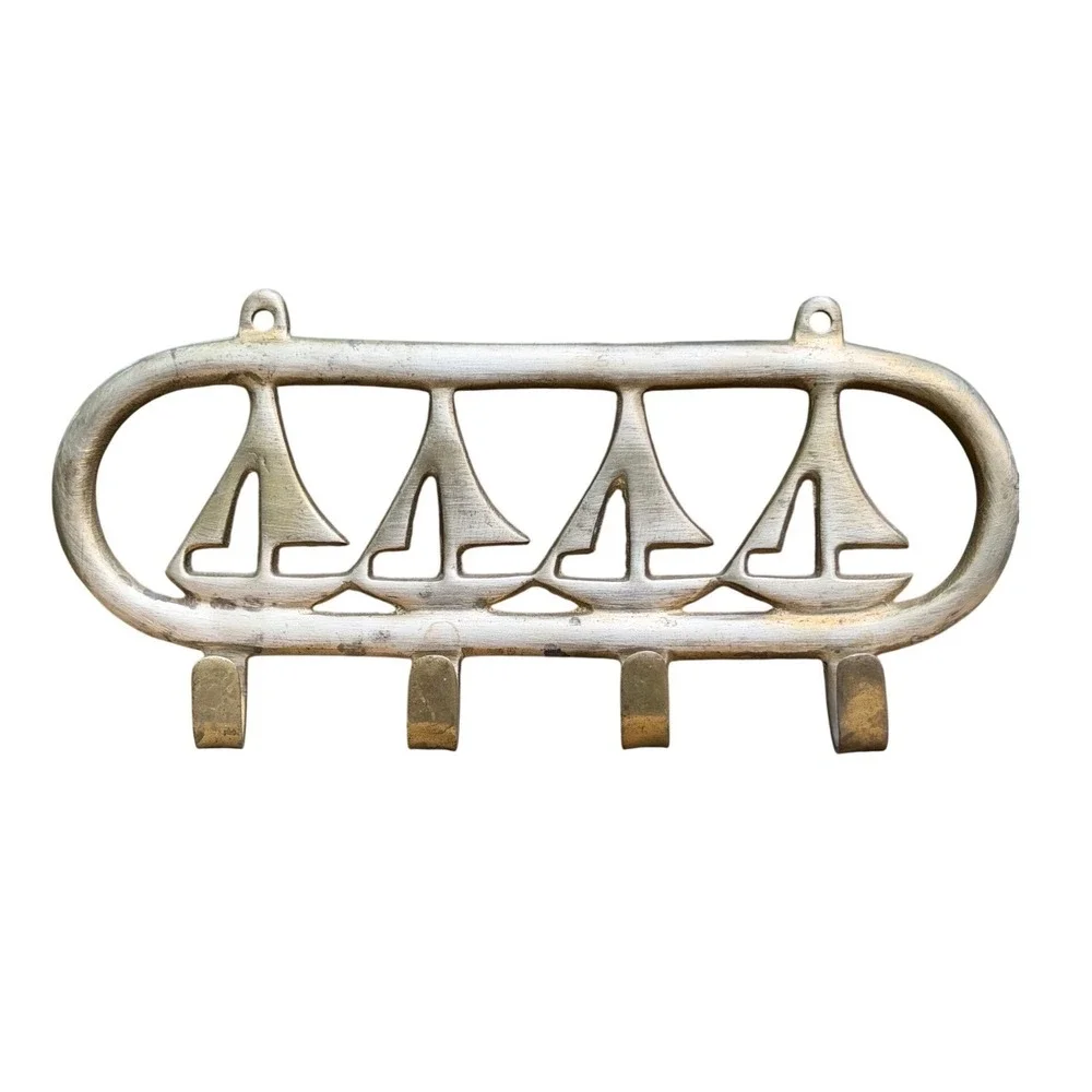 Key Hanger Wall Hooks 1970s Retro Solid Brass Sailboat Nautical Beach House Gold